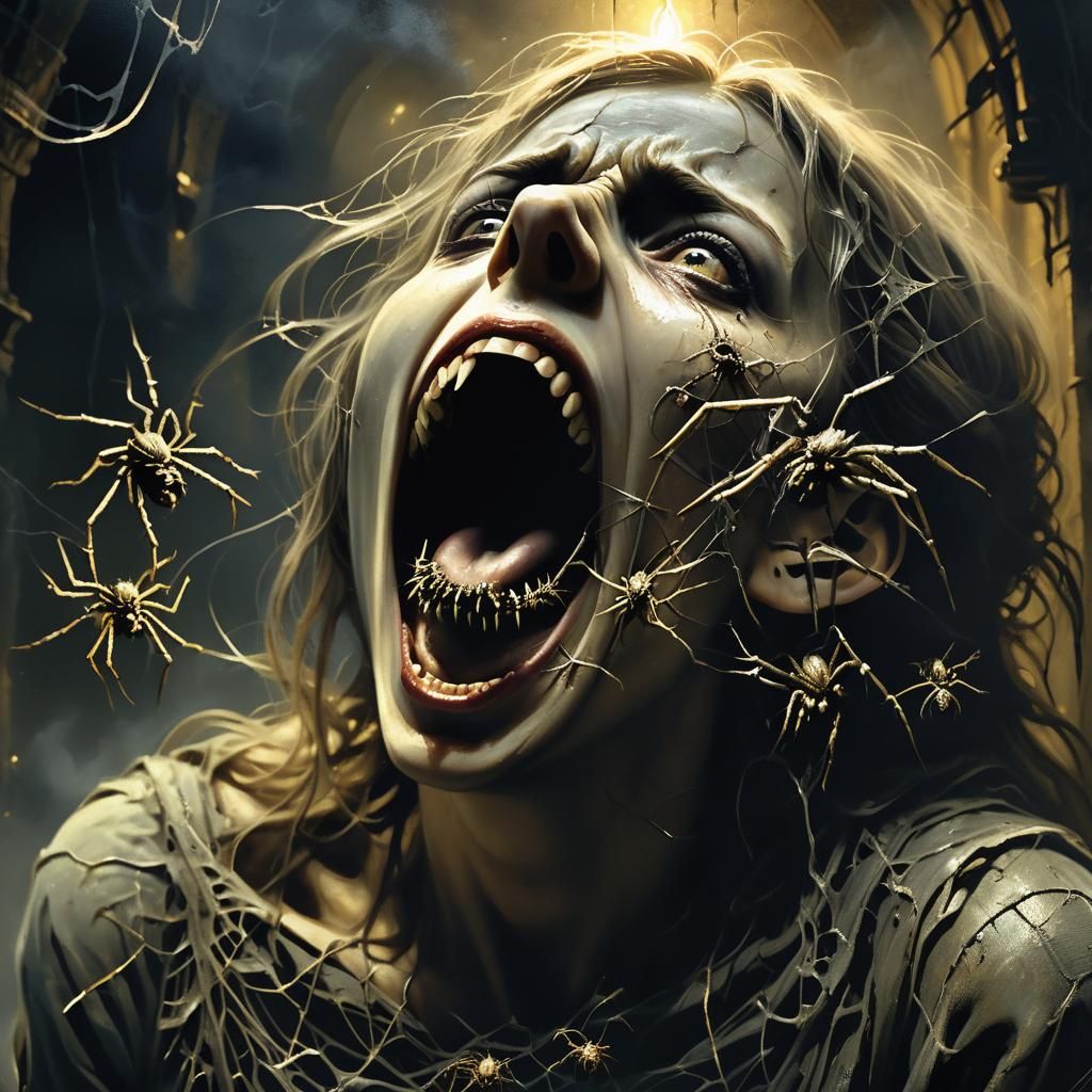 Dark Surrealism: Woman Screaming with Spiders