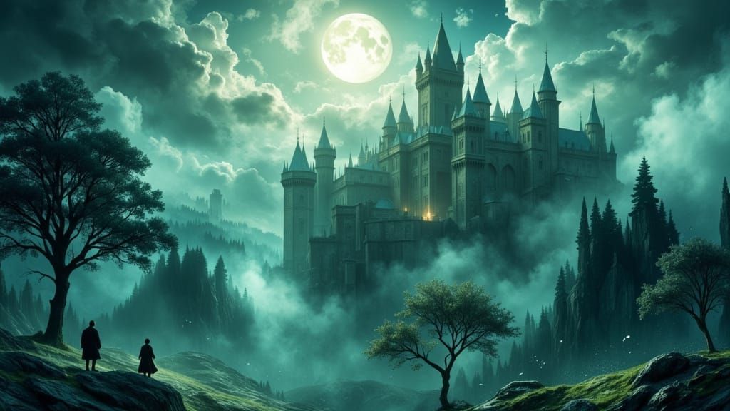 Misty Camelot Bathed in Ethereal Moonlight