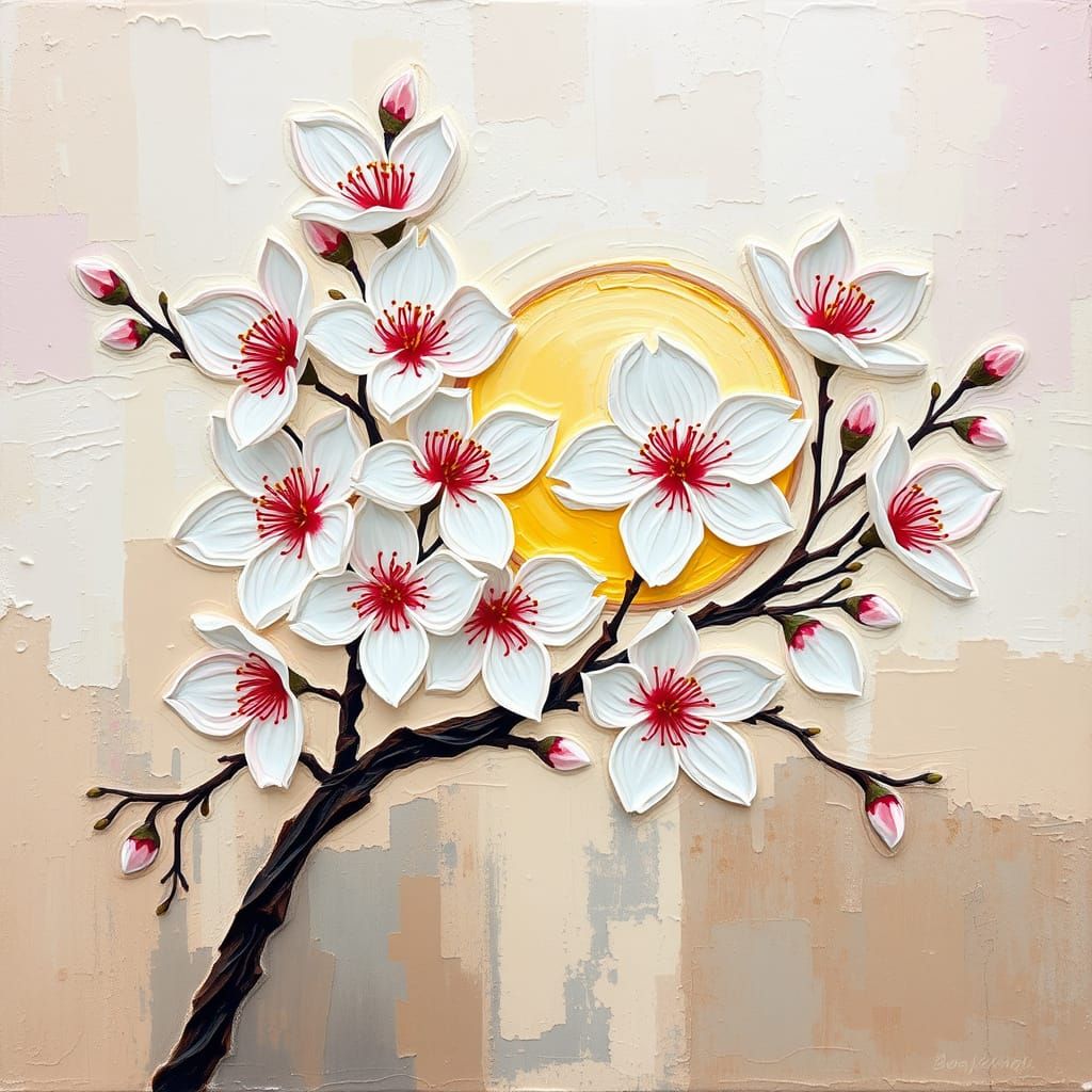 Cherry Blossoms in Mondrianesque Impasto Style