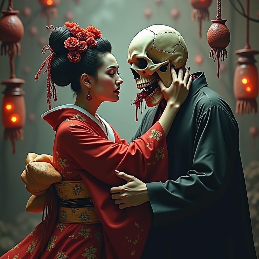 Geisha and Vampire Dance in Dark Fantasy Style