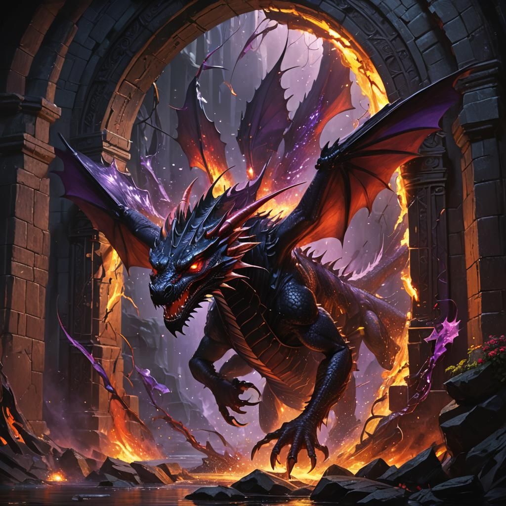 Black and Red Dragon Emerges from Fantasy Portal