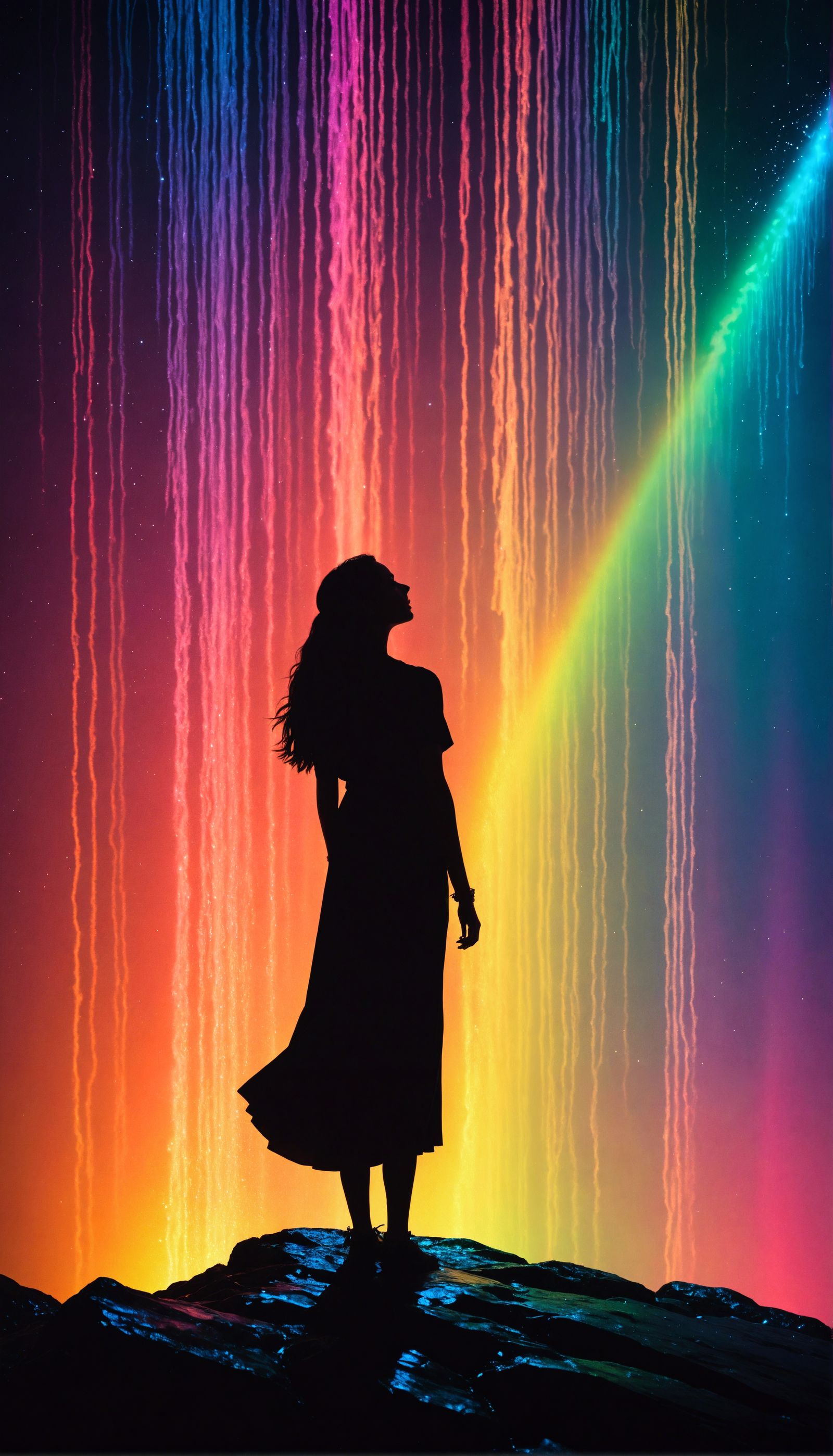 Minimalist Rainbow Waterfall Silhouette in Magic Realism