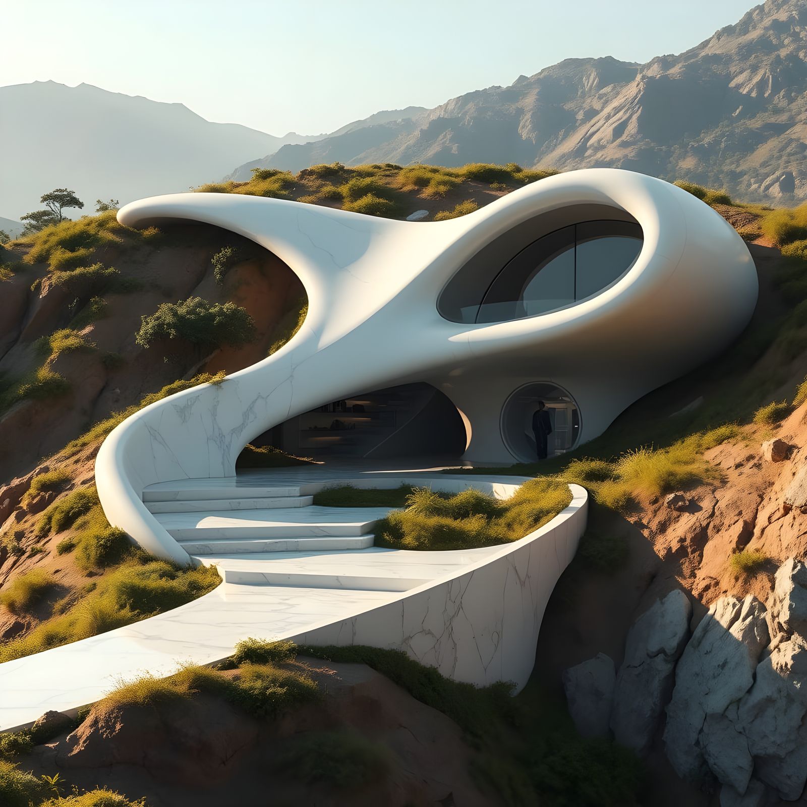 A cave like, open-concept eco-dwelling with smooth, flowing curves of glassy white marble seamlessly emerges from an ear...
