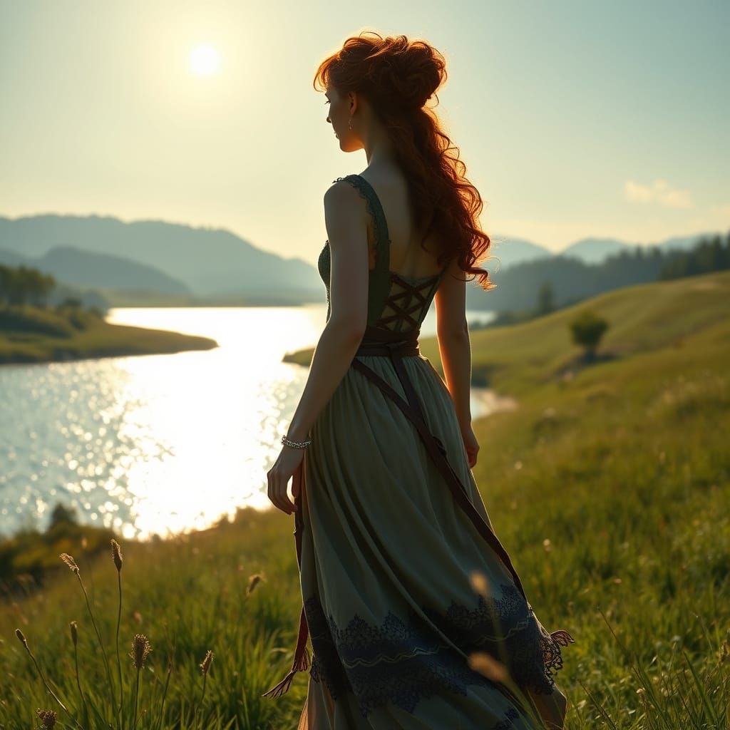 Celtic Woman in Meadow, Fantasy Art Style