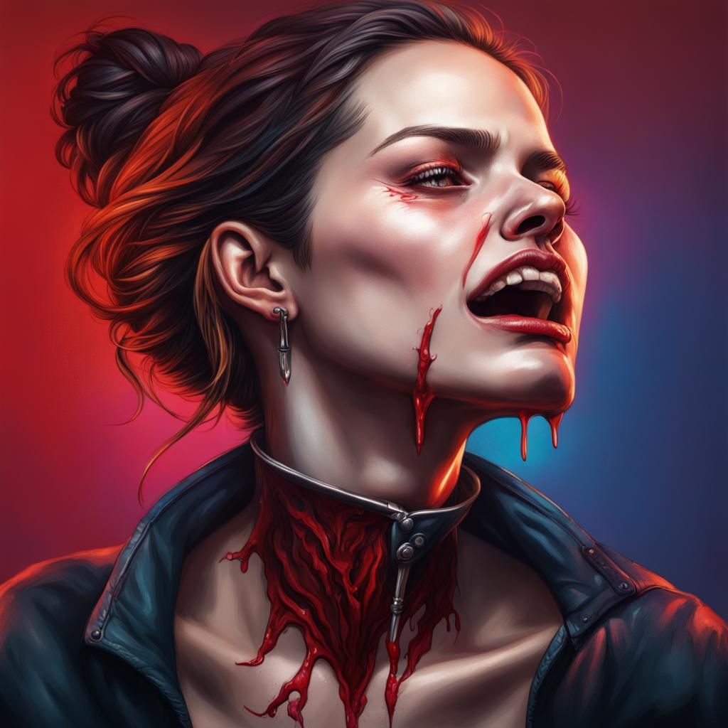 Woman Displaying Vampire Bite in Hyperrealistic Style