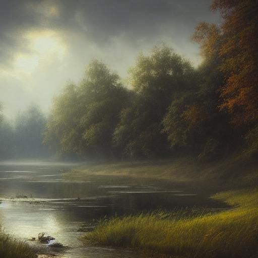Misty Riverbank Scene in Oil Painting Style
