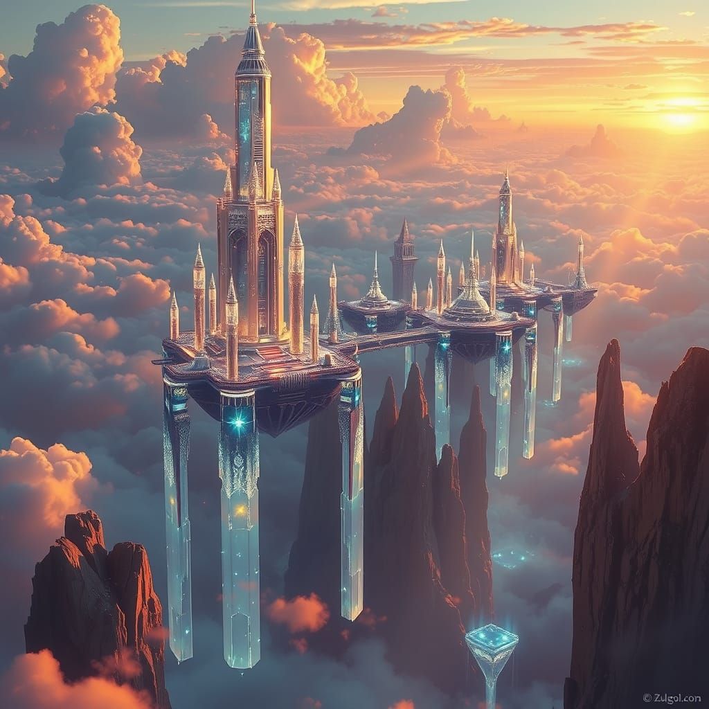 Floating Crystal City Metropolis with Sky Waterfalls