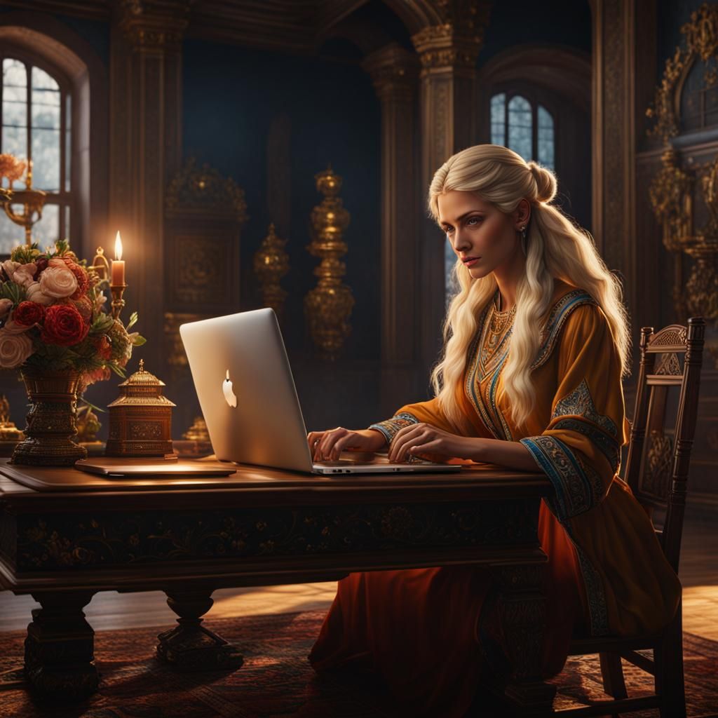 Blond Woman at Desk with MacBook: Detailed Matte Painting