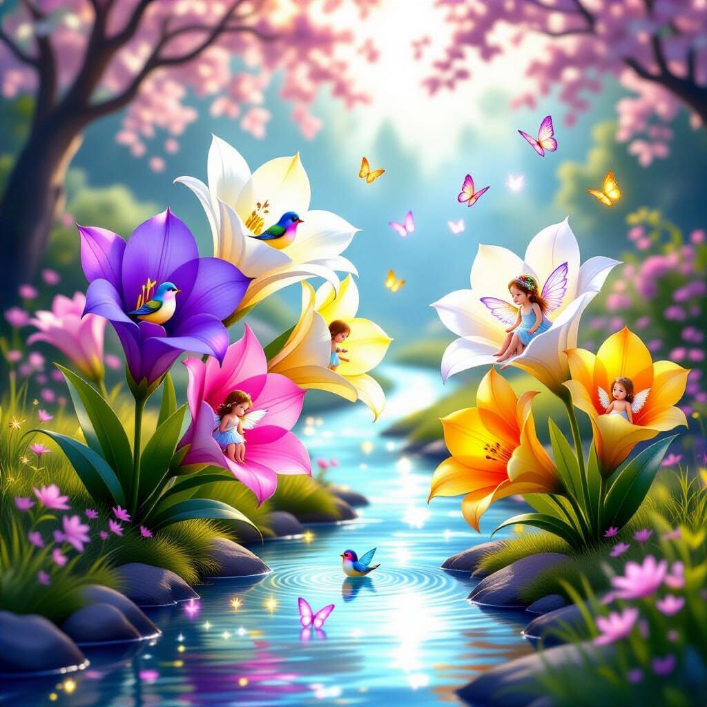 Radiant Paradise Garden with Magical River and Freesias