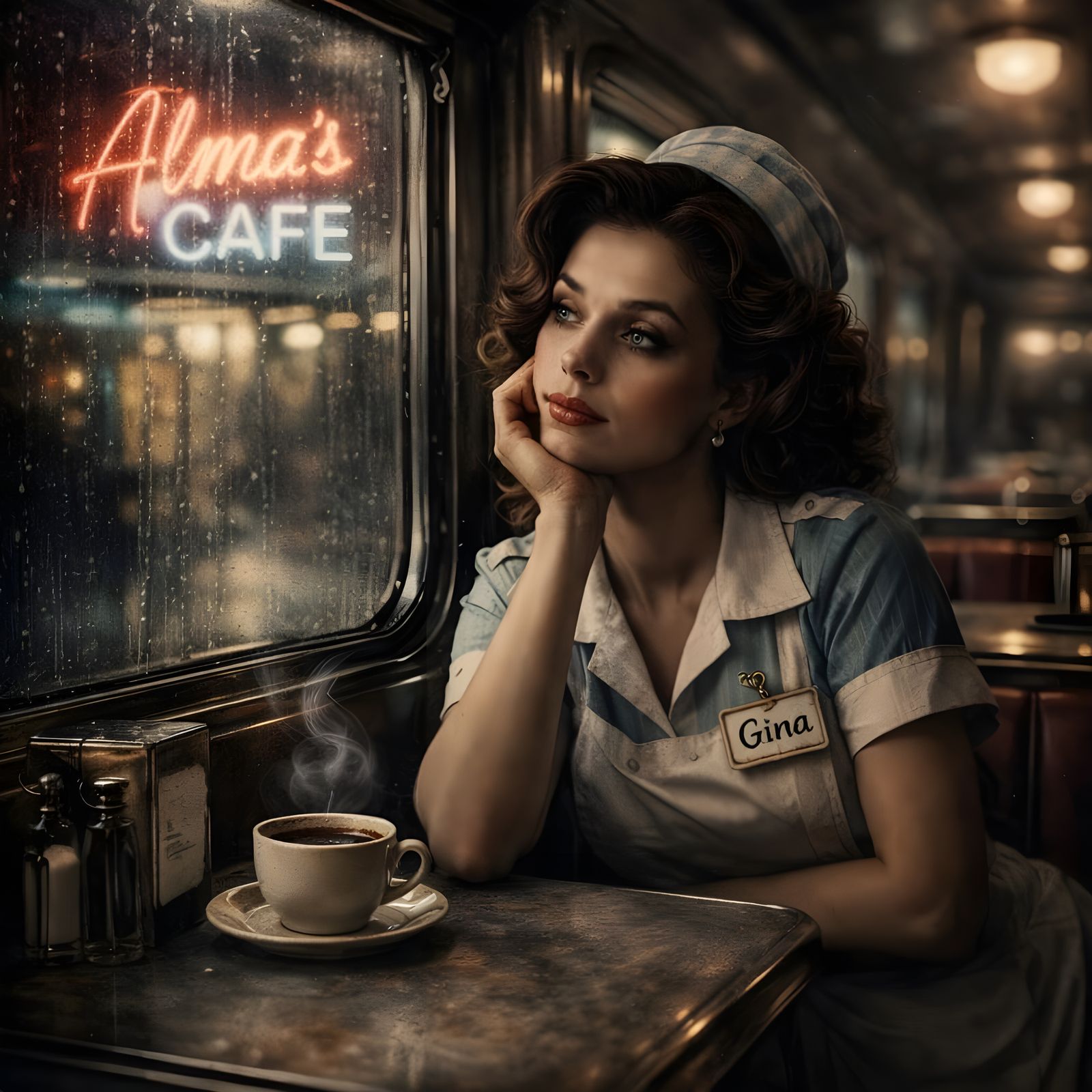 Bored Waitress in Retro Diner on Rainy Train