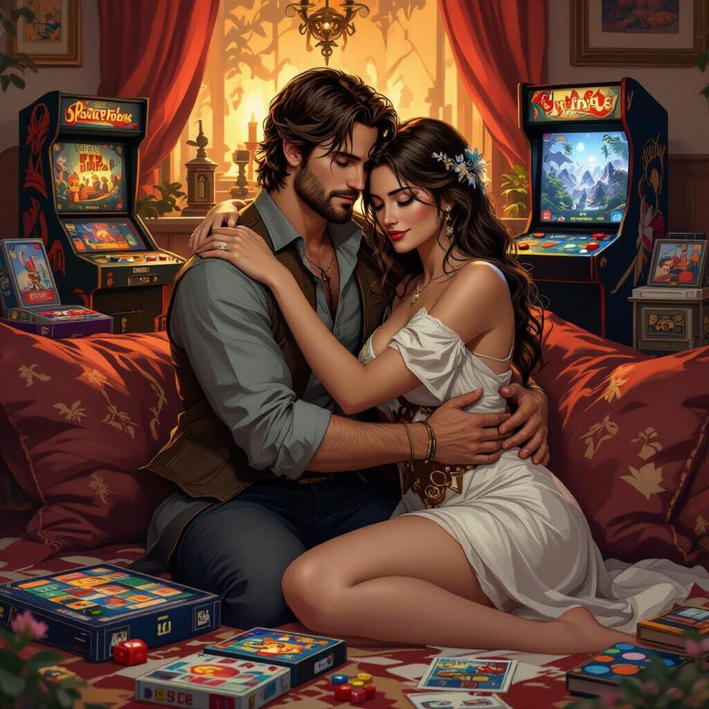Romantic Couple Surrounded by Games in Fantasy Style