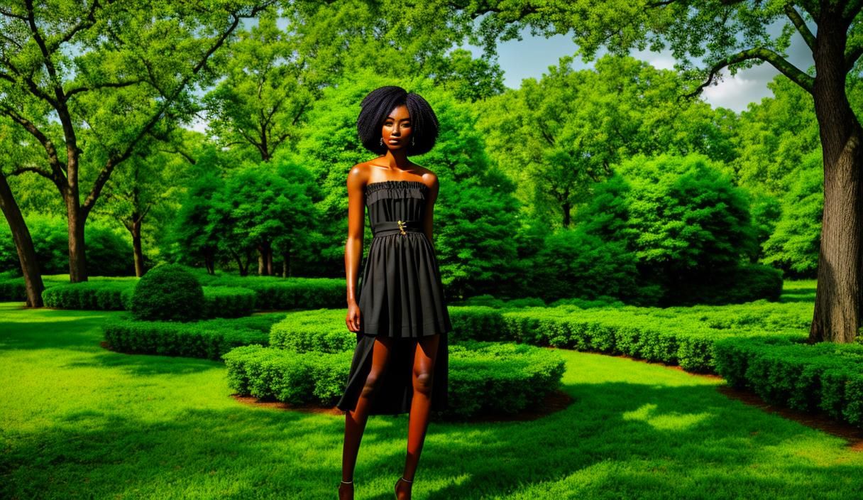 A beautiful young ebony woman named Spring, standing wearing a sundress