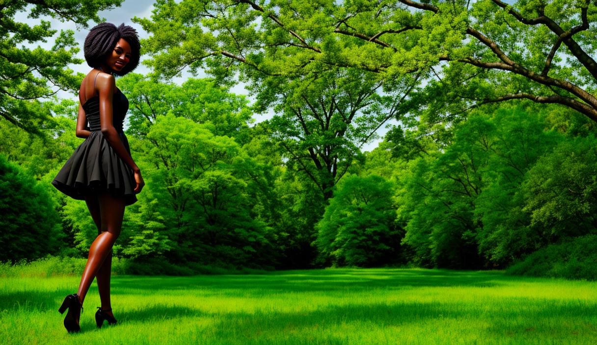 A beautiful young ebony woman named Spring, standing full body view wearing a short sundress with a garter of ivy and li...