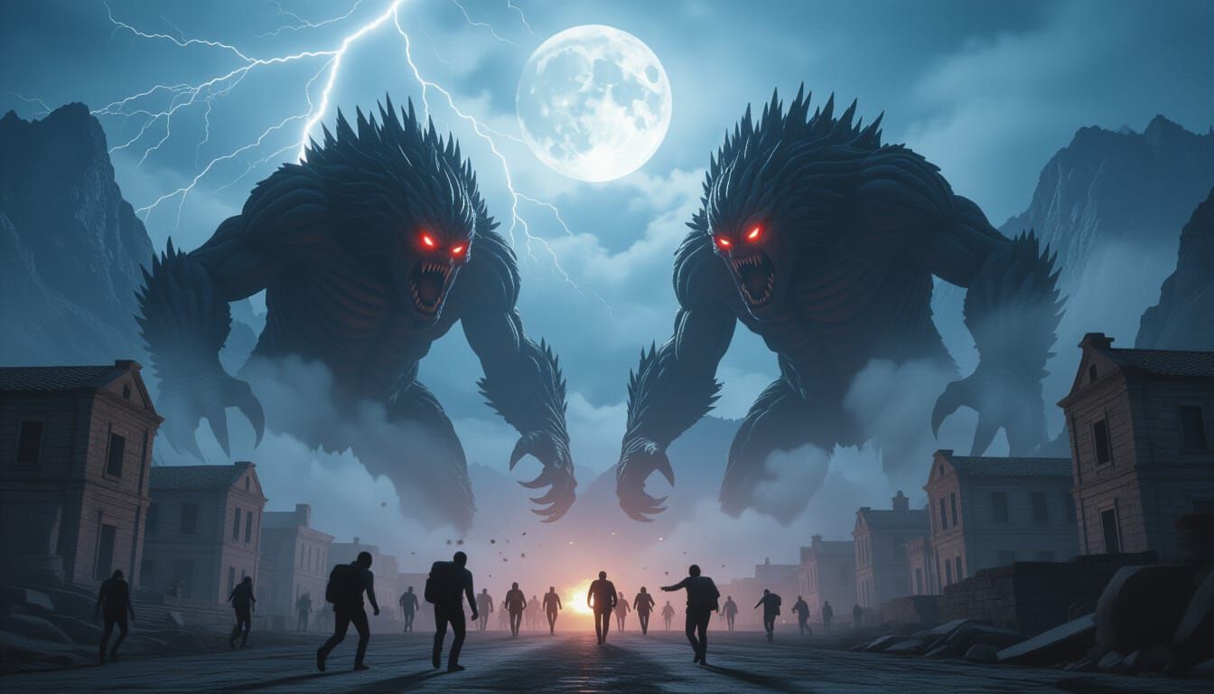 Giant Monsters Attack Mountain Town Under Stormy Full Moon