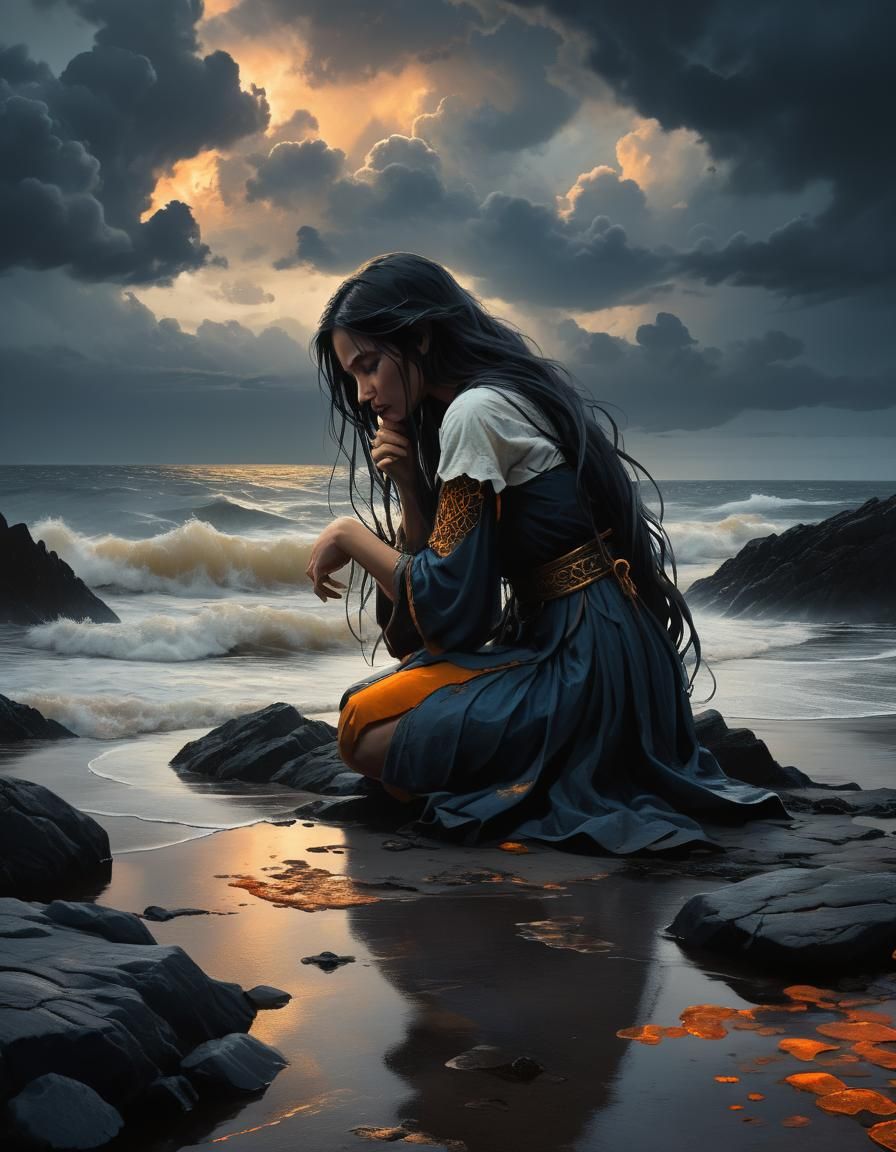 Girl on Desolate Shore in Dark Fantasy Style