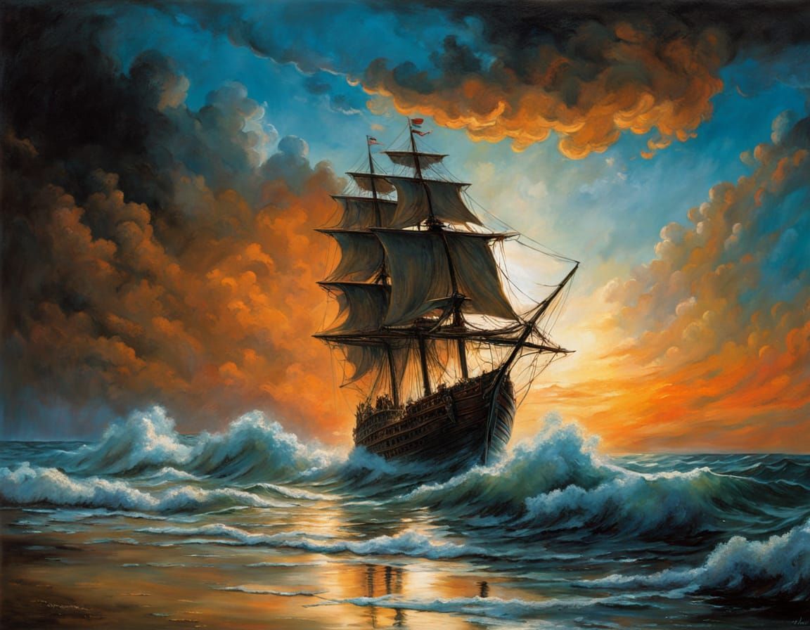Ethereal Galleon at Dawn, in Impressionist Style