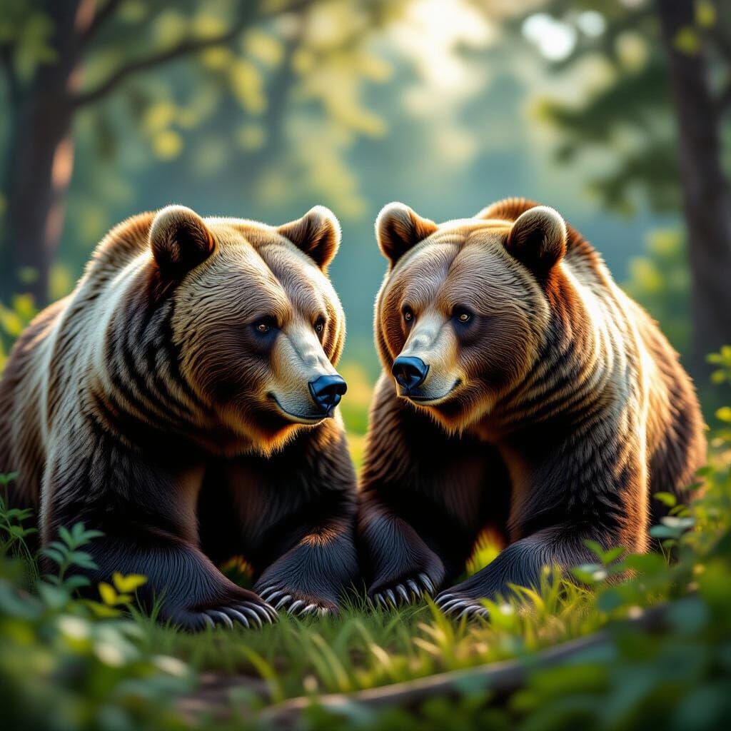 Hyperrealistic Grizzly Bears in Wild Forest