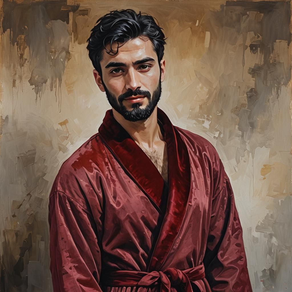 Portrait of Handsome Man in Red Velvet Bathrobe