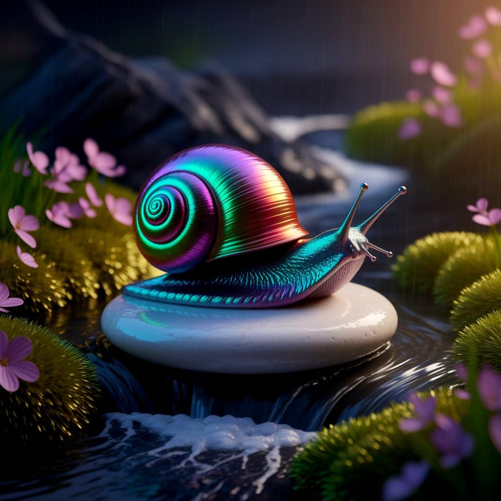 Beautiful Snail on Pebble in Enchanting Nightscape