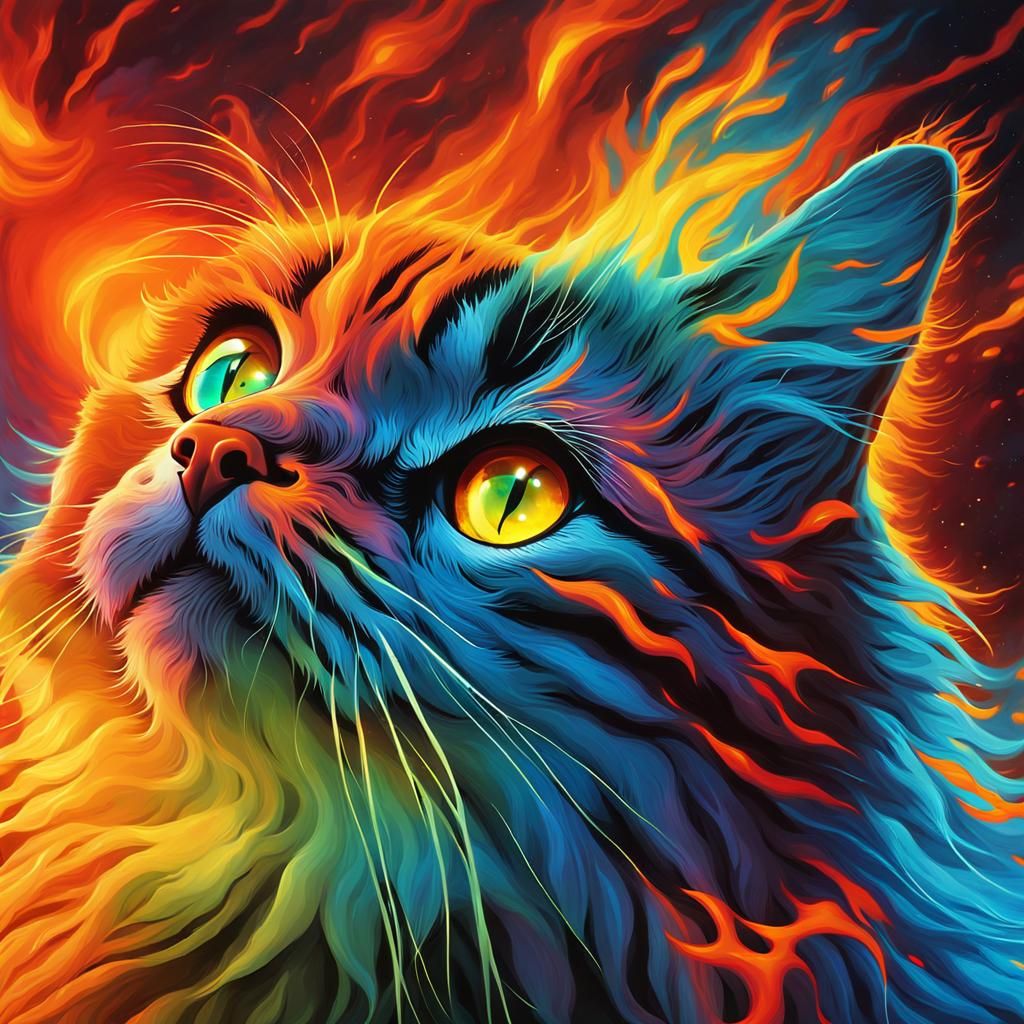 Surreal Cat-Chicken Hybrid in Apocalyptic Flames