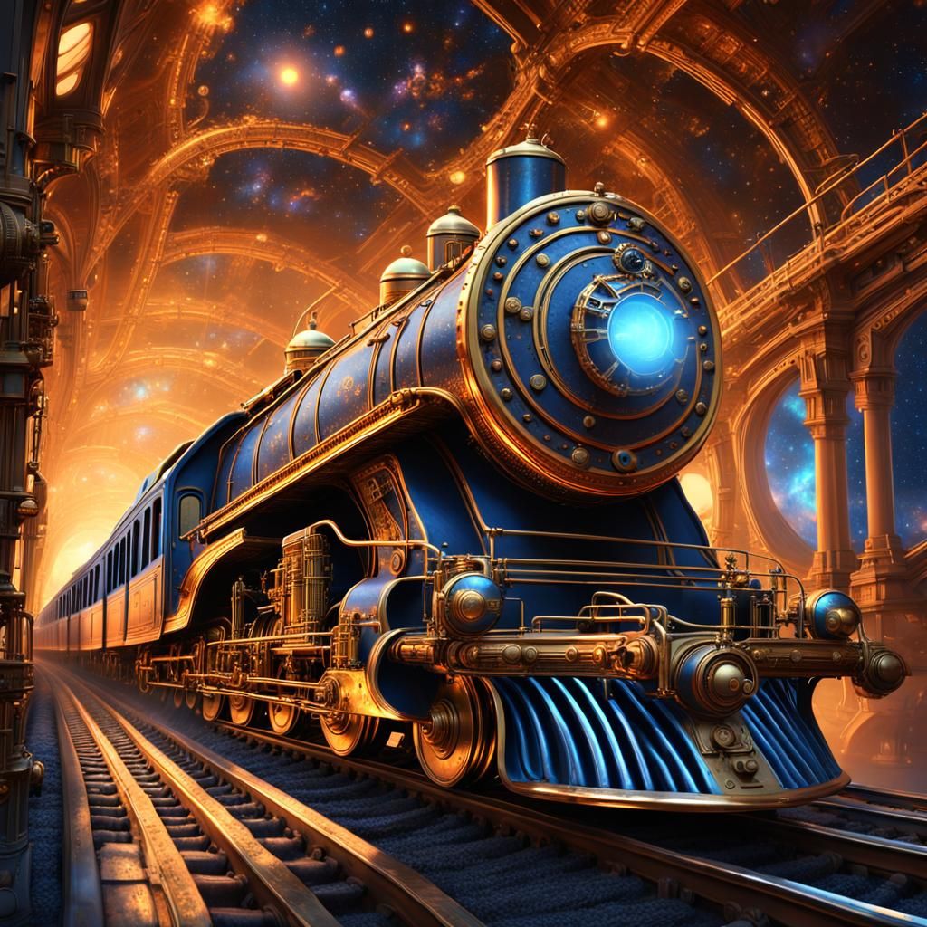 Steampunk Space Train Chugging Through Starry Nebula
