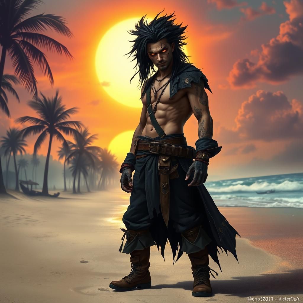 Pirate Castaway on Tropical Beach at Sunset