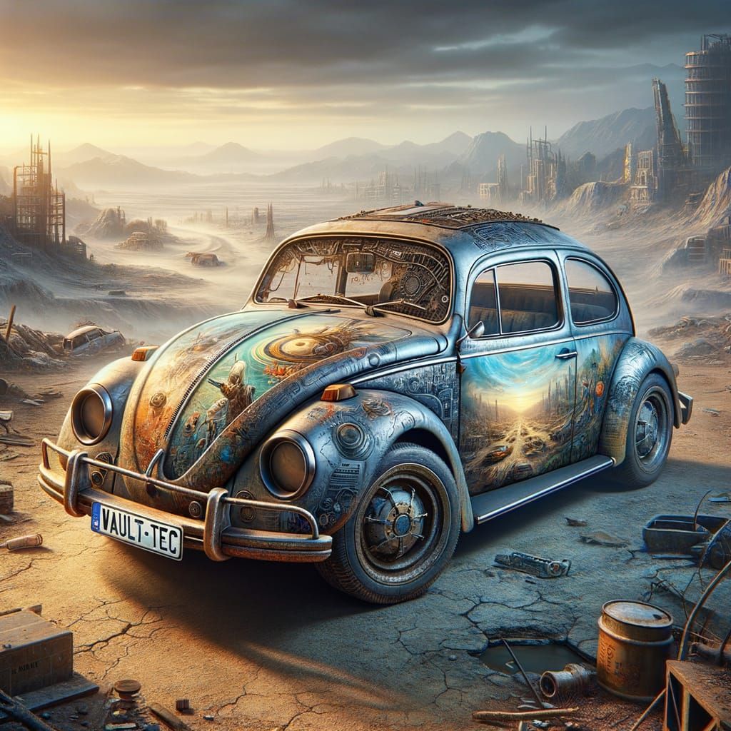 Post-Apocalyptic VW Bug with Vault-Tec License Plate
