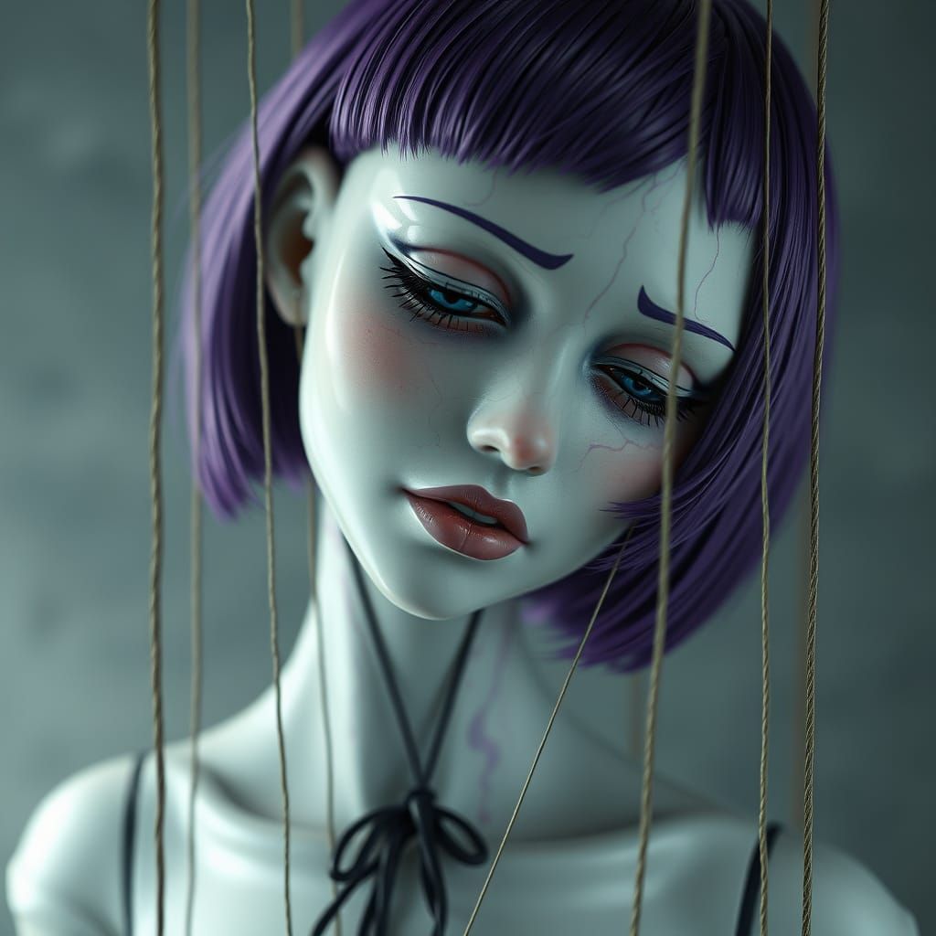 Sad Porcelain Marionette with Purple Hair
