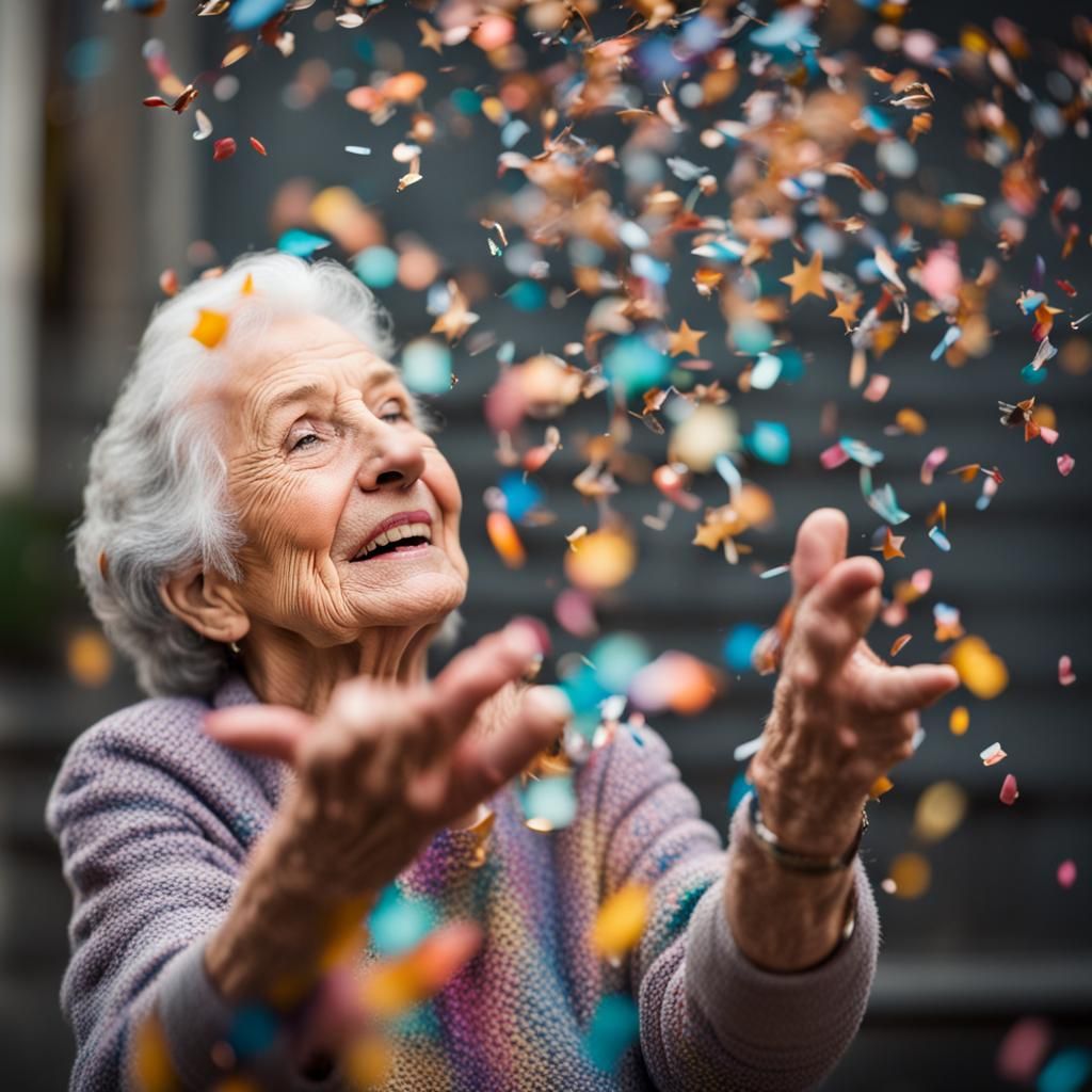Happy Elderly Woman Tossing Confetti Stars
