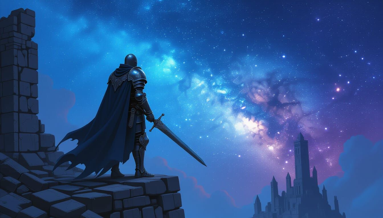 Knight Gazes at Starry Nebula from Ruins