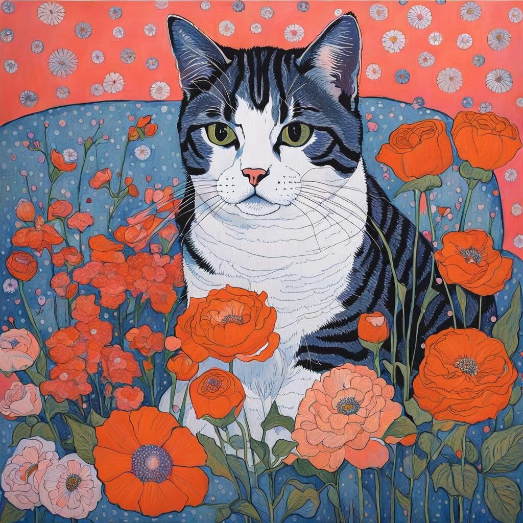 Cute Cat Surrounded by Flowers in Portrait Style