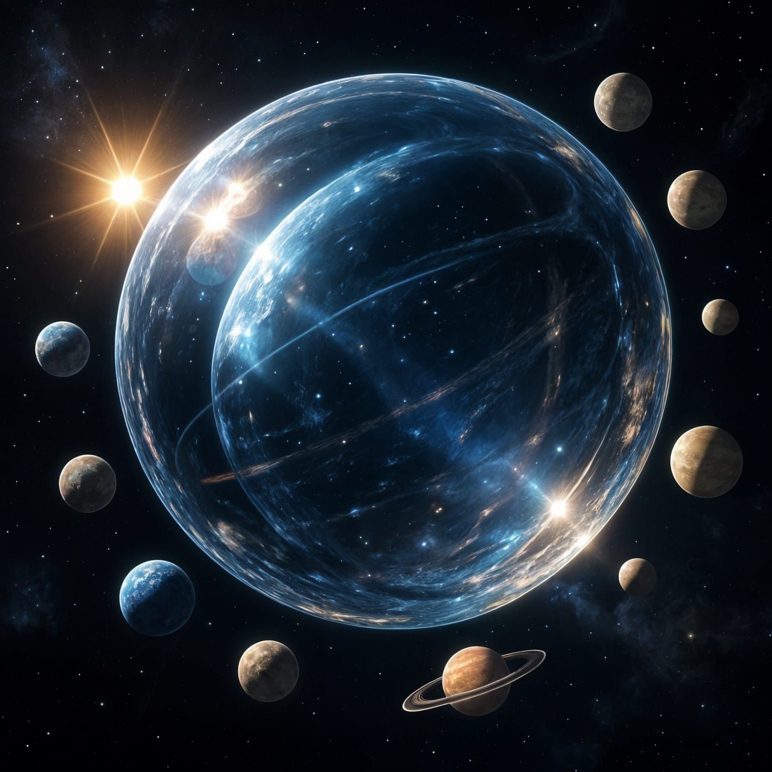 Glass Planet in Deep Space with Reflective Moons