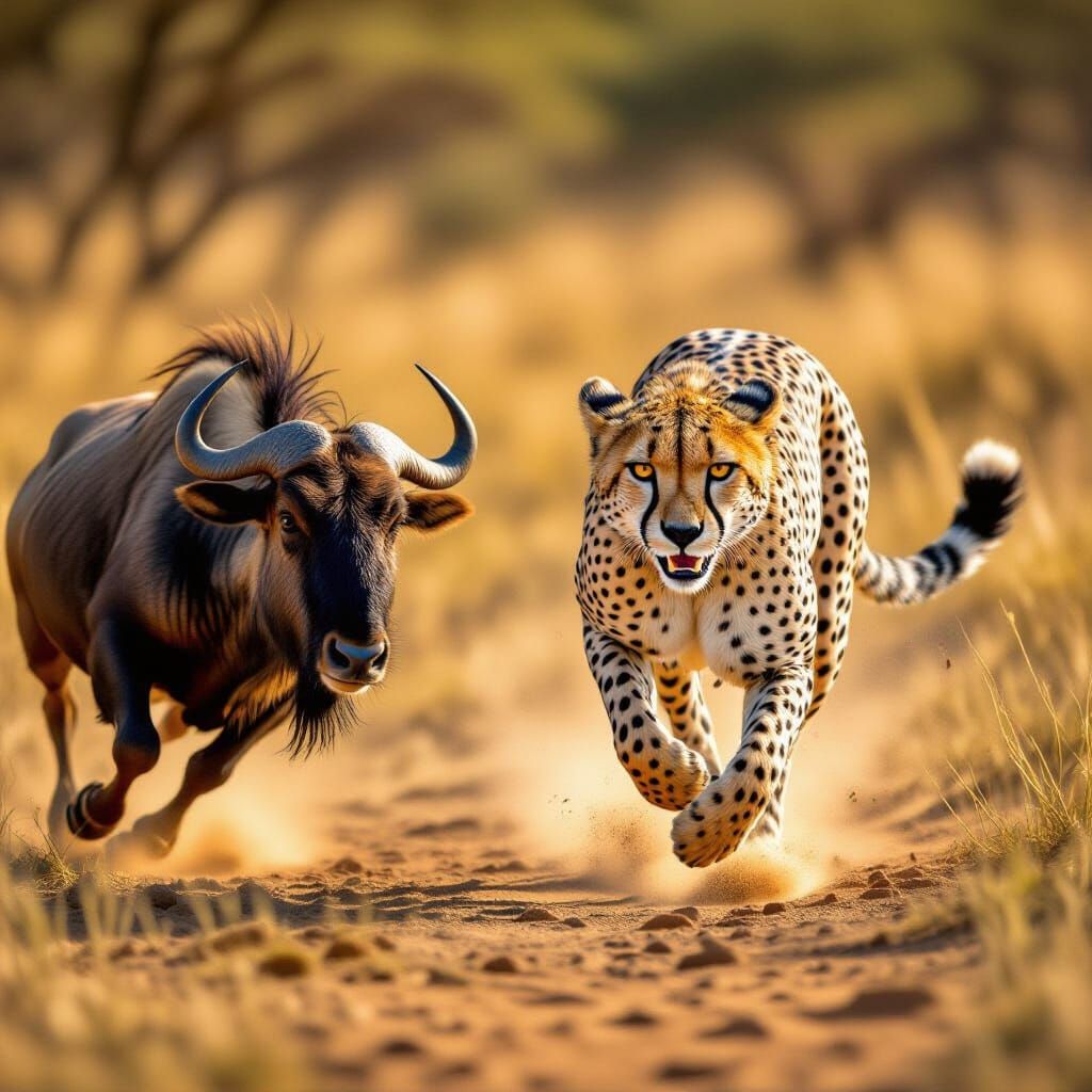 Photorealistic Cheetah Hunting Wildebeest on Savanna