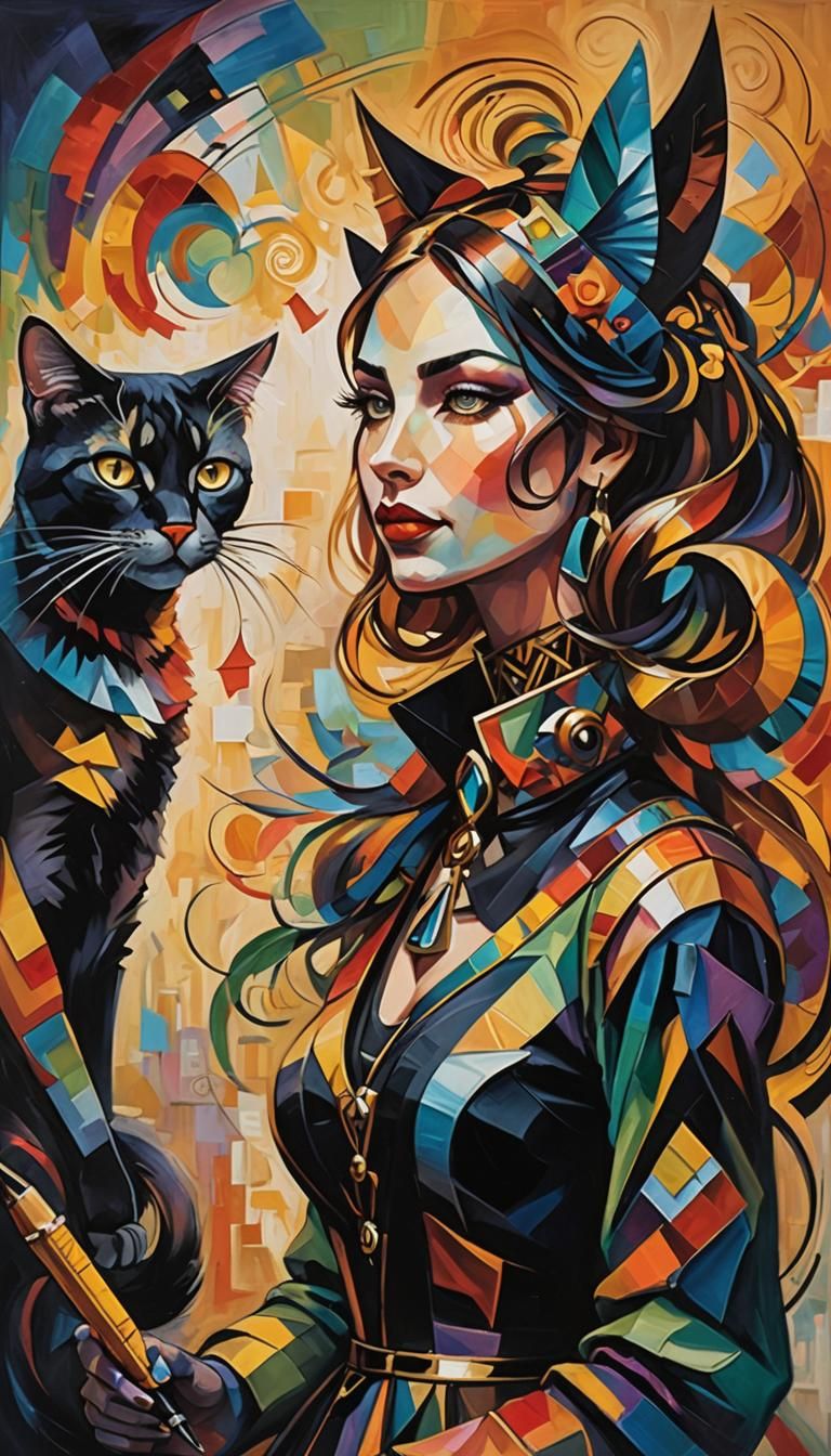 Cubist Cat Girl Writes with Mystic Symbols