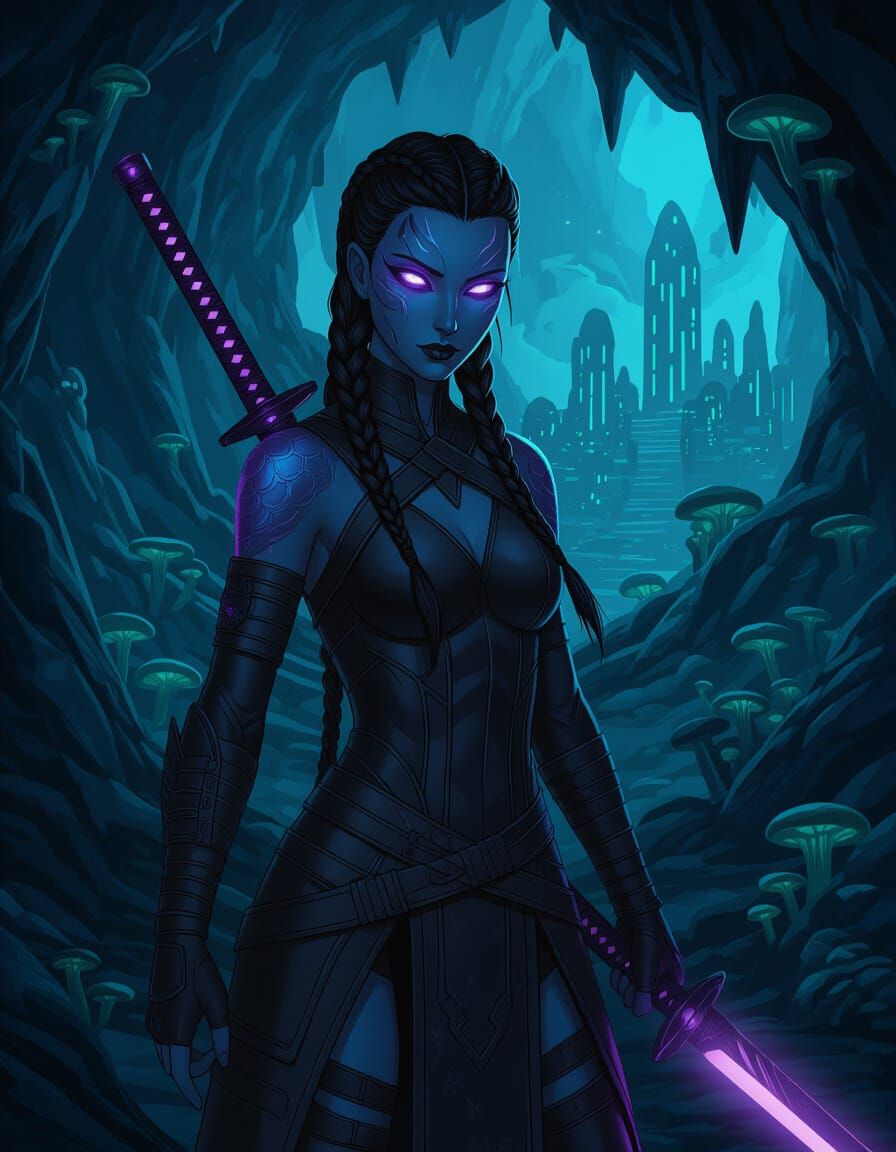 Indigo Assassin in Bioluminescent Cave, Anime Style