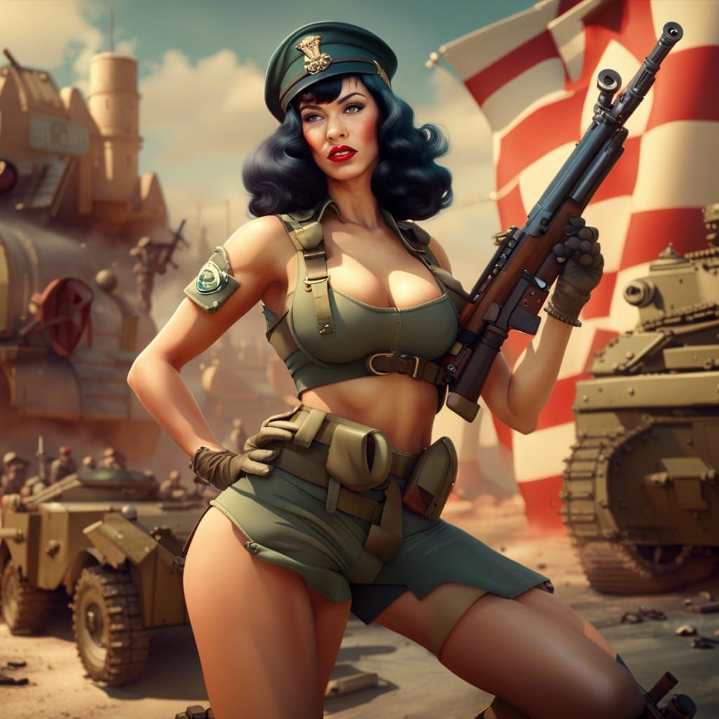 Soldier Pinup Girl with Rifle in Detailed Digital Painting