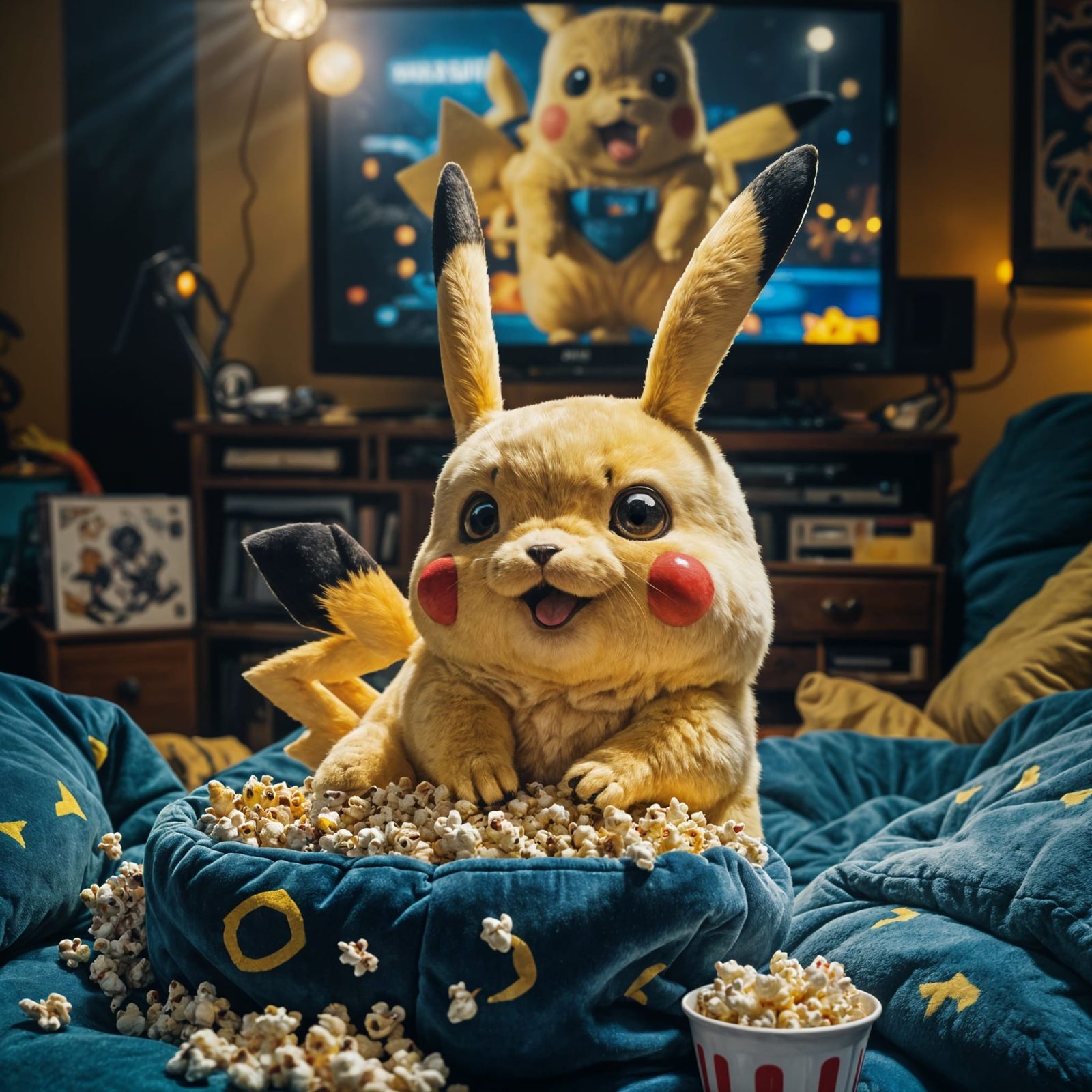 Pikachu's Cozy Night: A Hyperrealistic Photograph