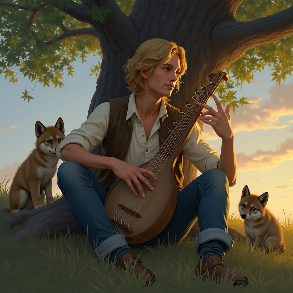 Man Playing Lyre with Wolf Pups, Hyperrealistic Style