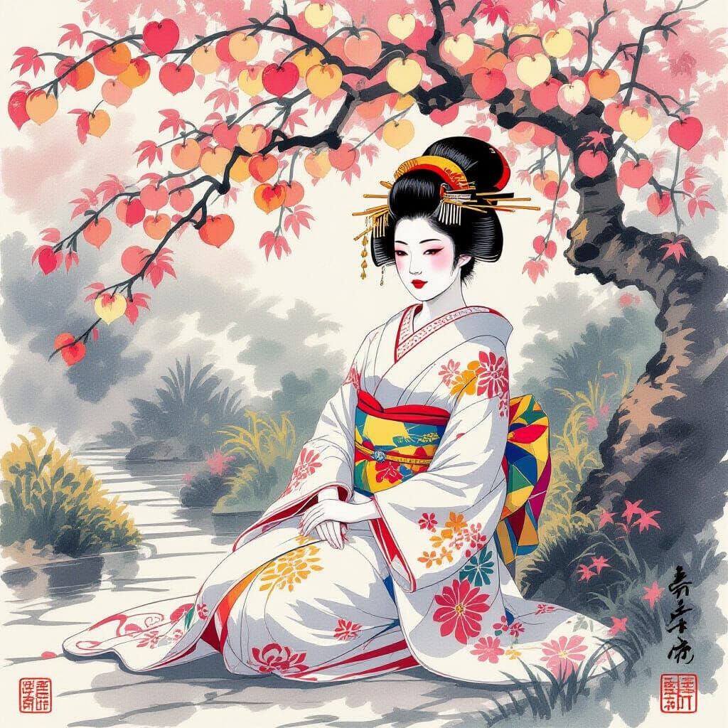 Geisha in Garden: Inksplash Ukiyo-e Style