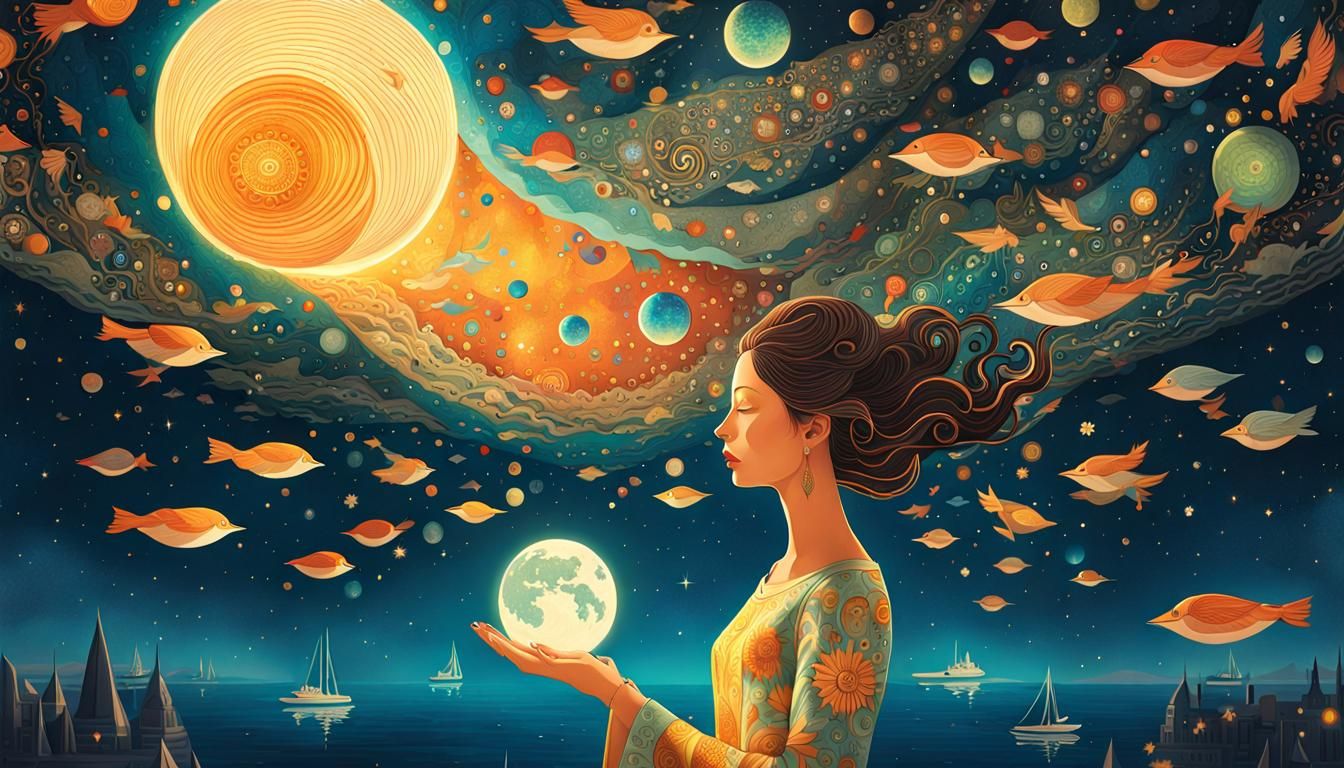 Woman Holding Cosmos with Boats in Surreal Sky