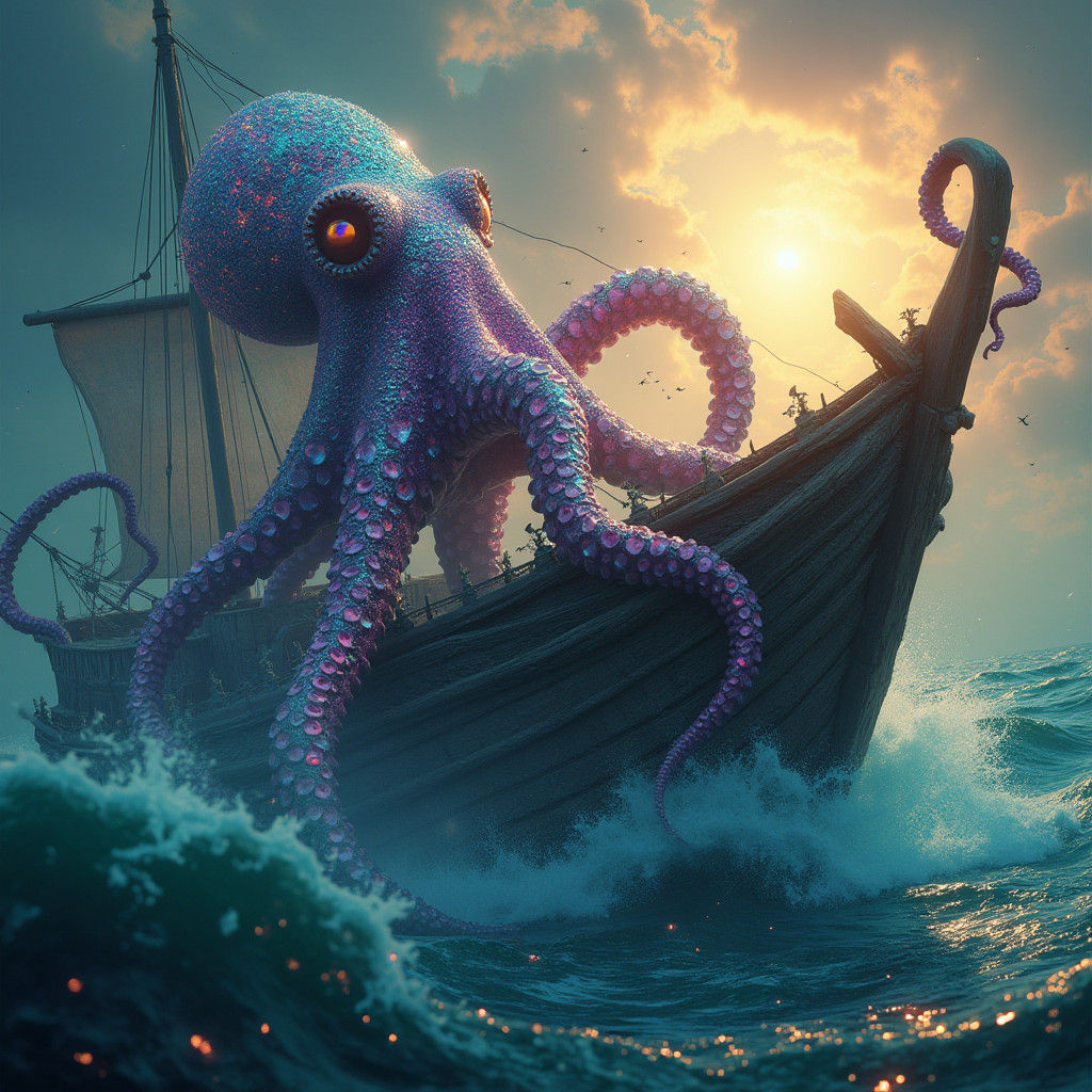 Jeweled Octopus Climbs Ancient Ship in Fantasy Art