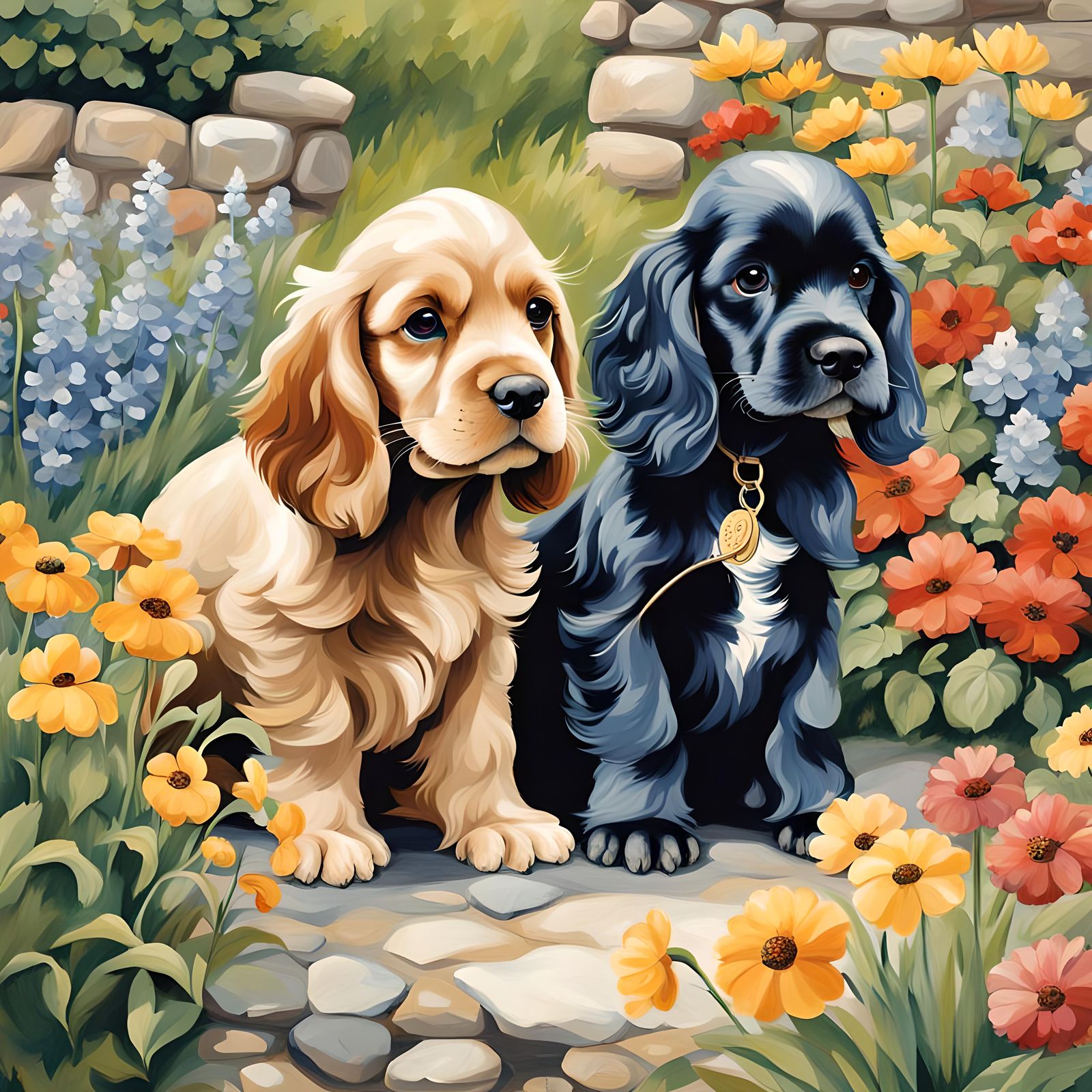 Cocker Spaniel Puppies Playing in Flower Garden