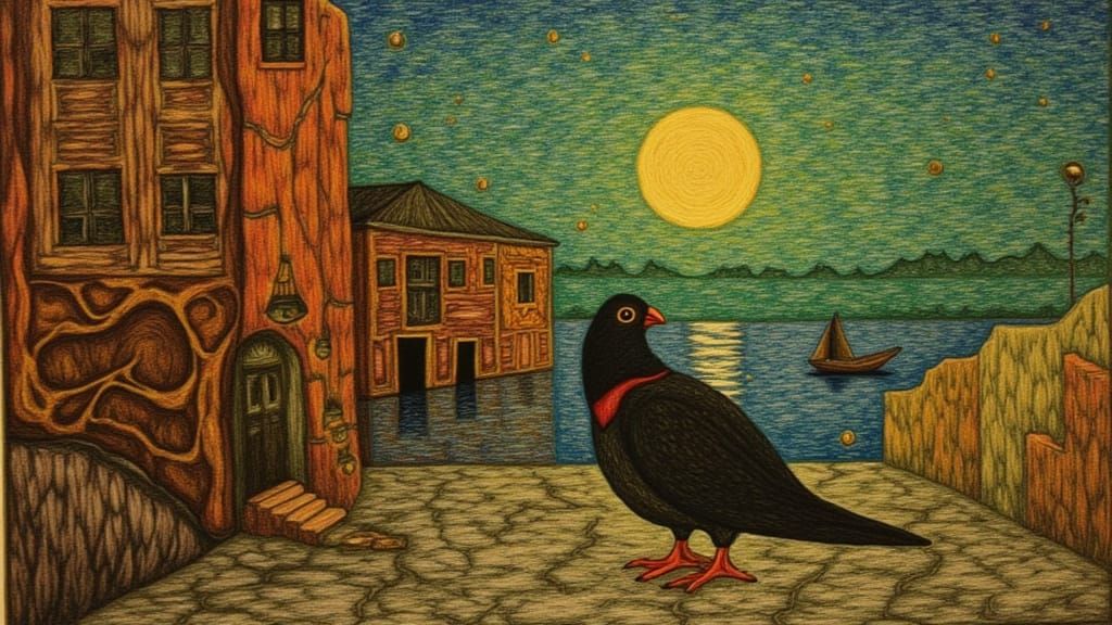 Surreal Night Pigeon in Urban Dreamscape