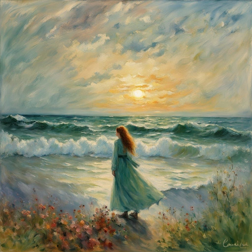 Impressionist Teenage Couple in Soft Focus, Vivid Colors, an...