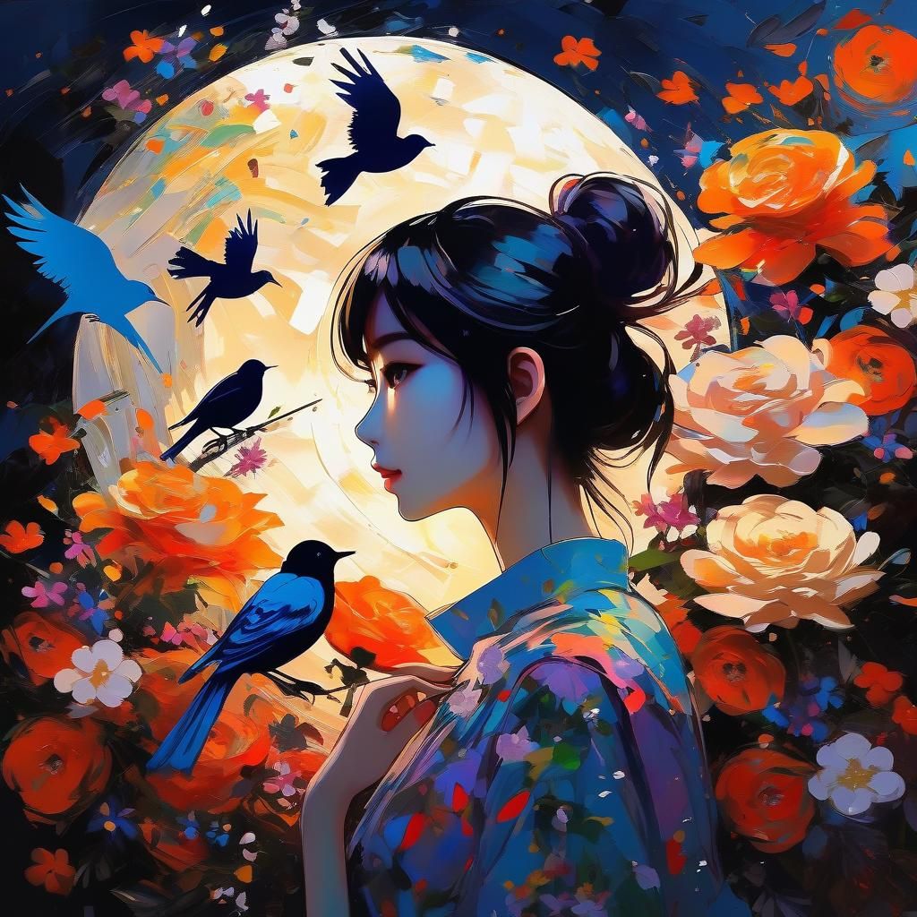Anime Girl Silhouette with Floral Birds, Oil Painting