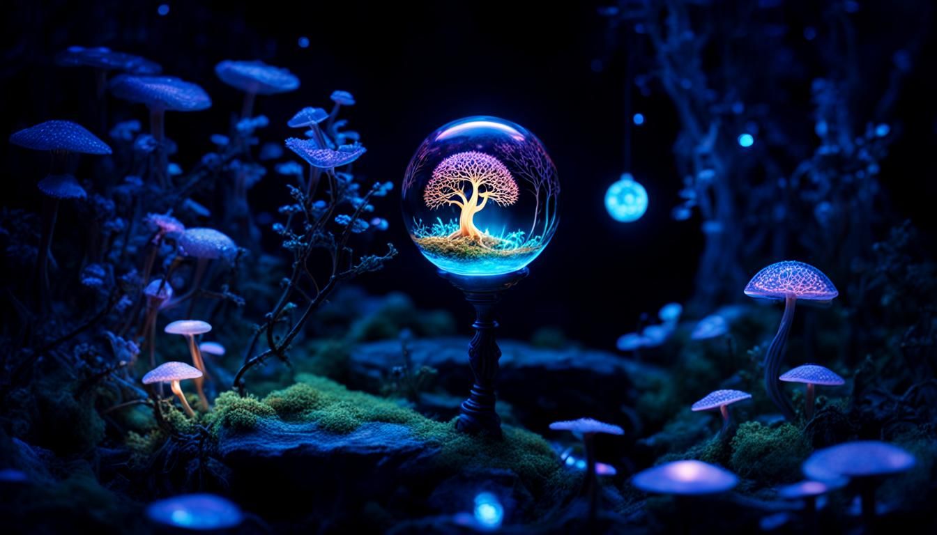 Bioluminescent Yggdrasil Tree Inside Fantasy Orb