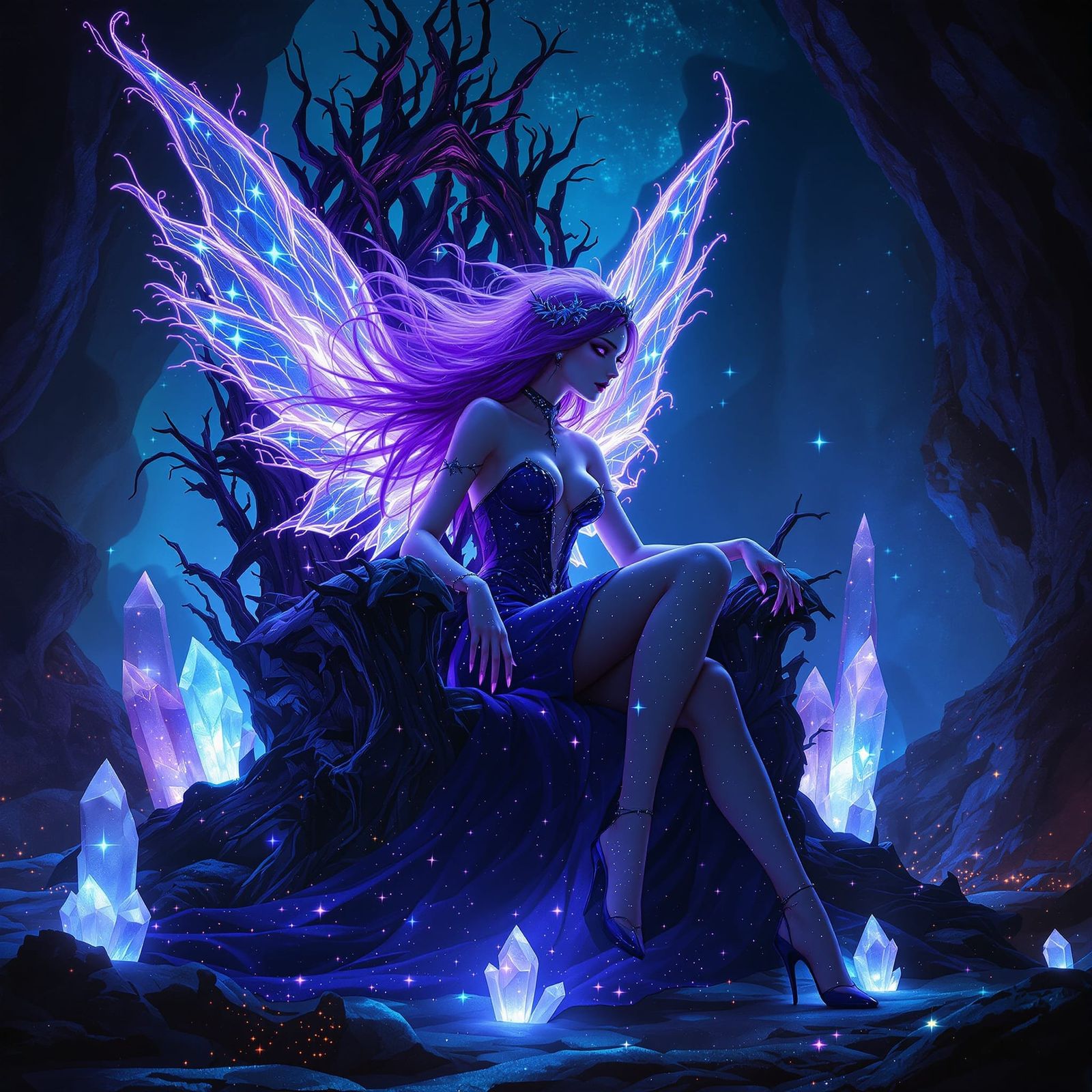 Gothic Fairy on Bioluminescent Throne in Art Nouveau Style
