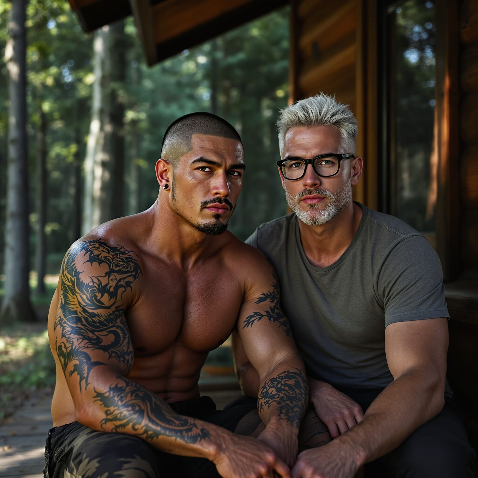 Asian Athlete and Boyfriend on Cabin Porch
