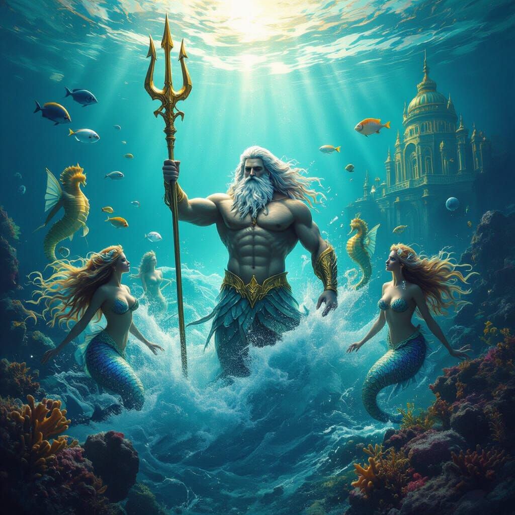 Poseidon Emerges From Turbulent Ocean With Trident