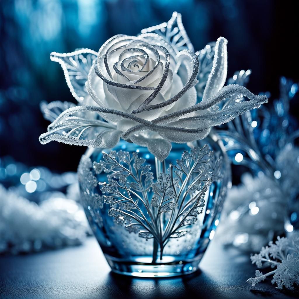 Icy Crystal Rose Filigrees in Starry Atmosphere